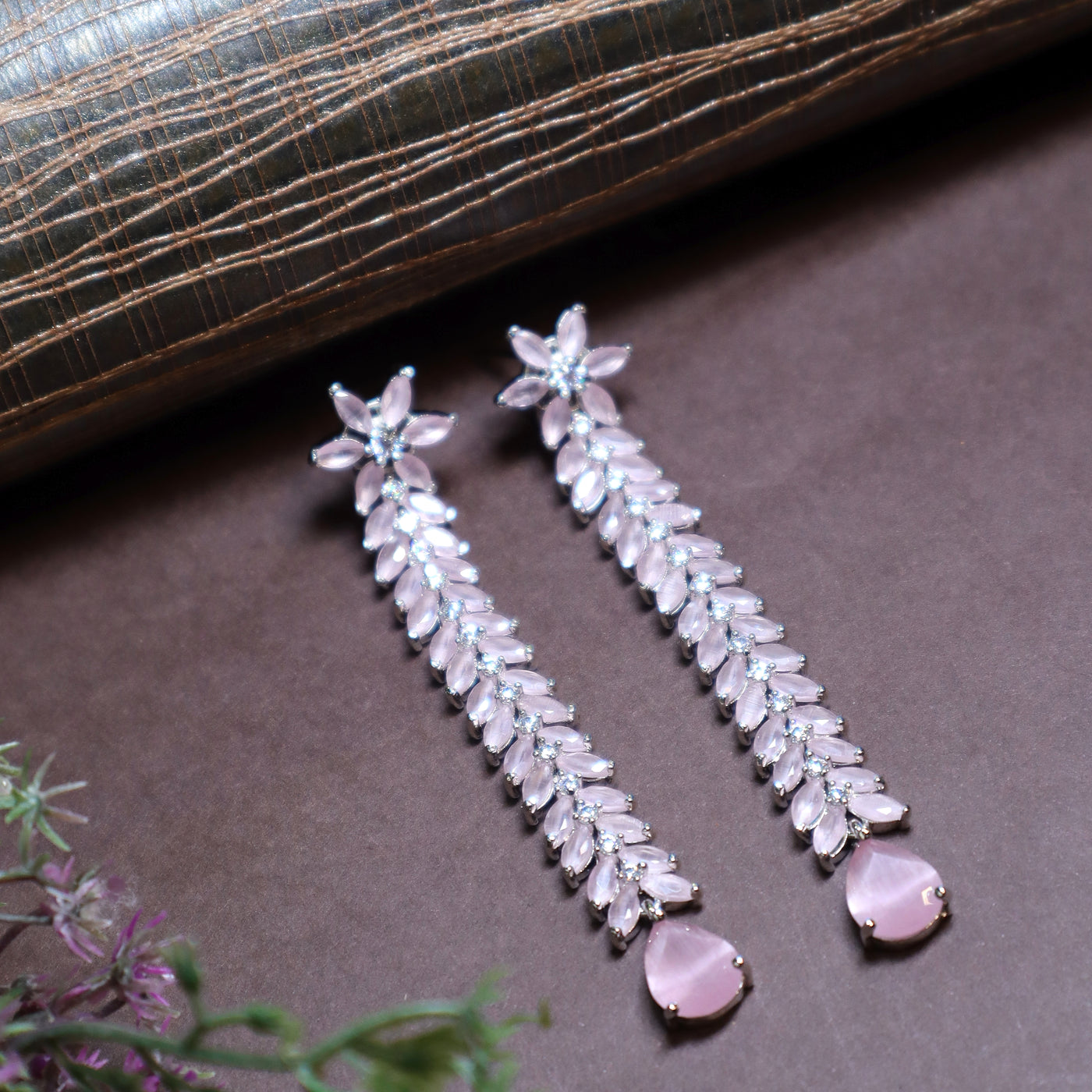 Pink Teardrop & CZ Floral Dangler Earrings - SIA450614