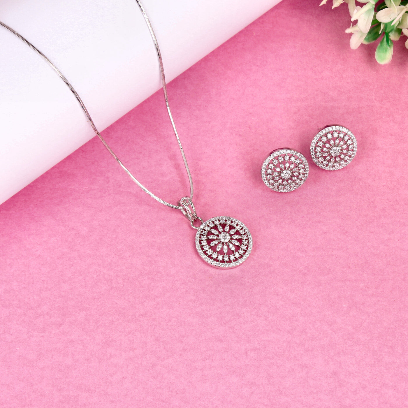 Sparkling Silver Round Pendant Set with Stud Earrings - SIA450664