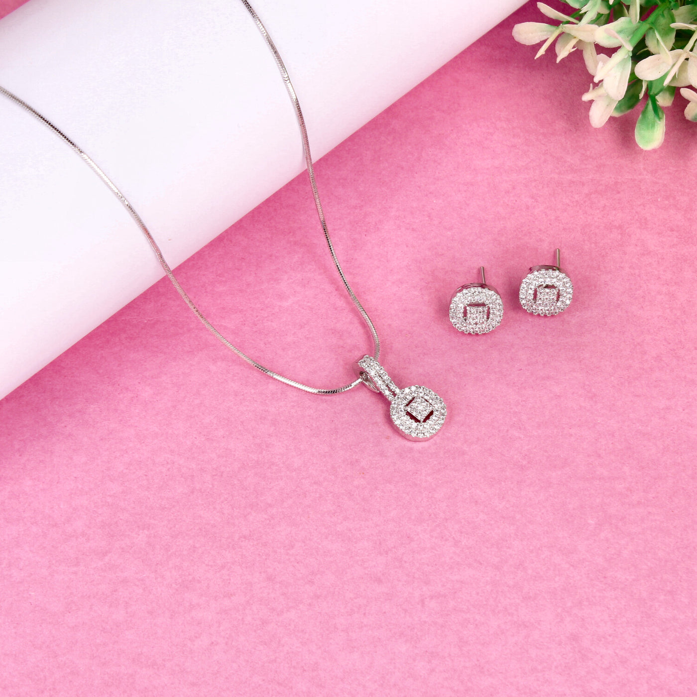 Silver Round Pendant Set with Square Center Design - SIA450666