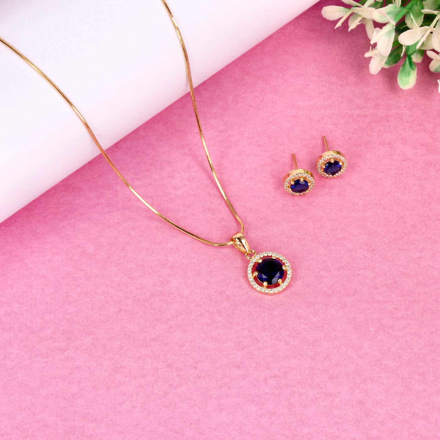 Gold Round Pendant Set with Blue Stone and Crystal Halo - SIA450690_A