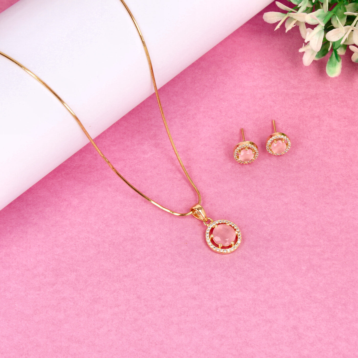 Gold Round Pendant Set with Light Pink Stone and Crystal Halo - SIA450690_B