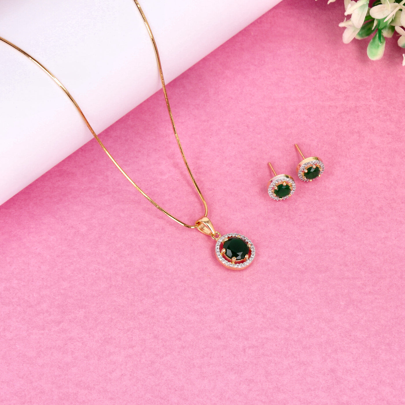 Gold Round Pendant Set with Dark Green Stone and Crystal Halo - SIA450691_A