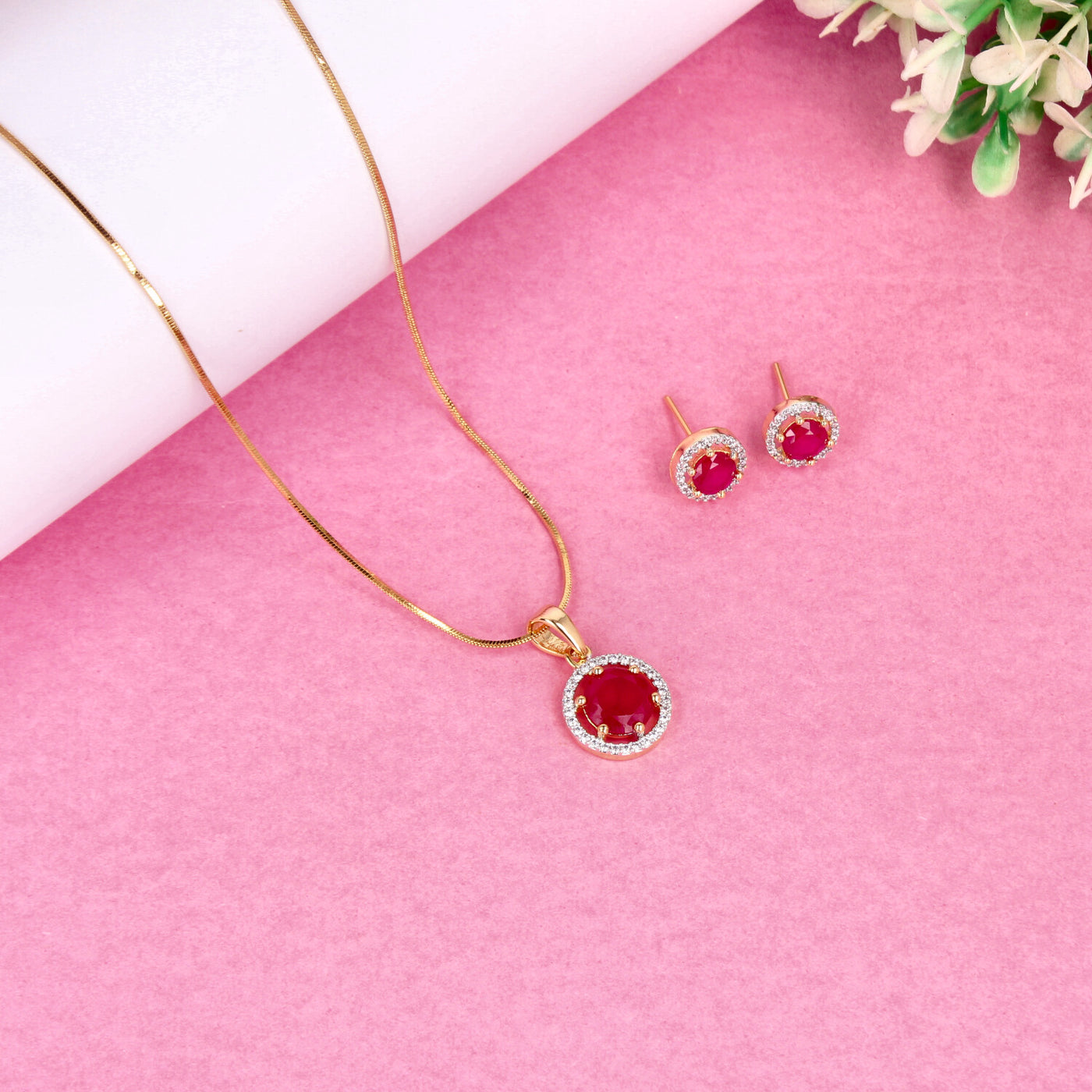 Gold Round Pendant Set with Red Stone and Crystal Halo - SIA450691_B