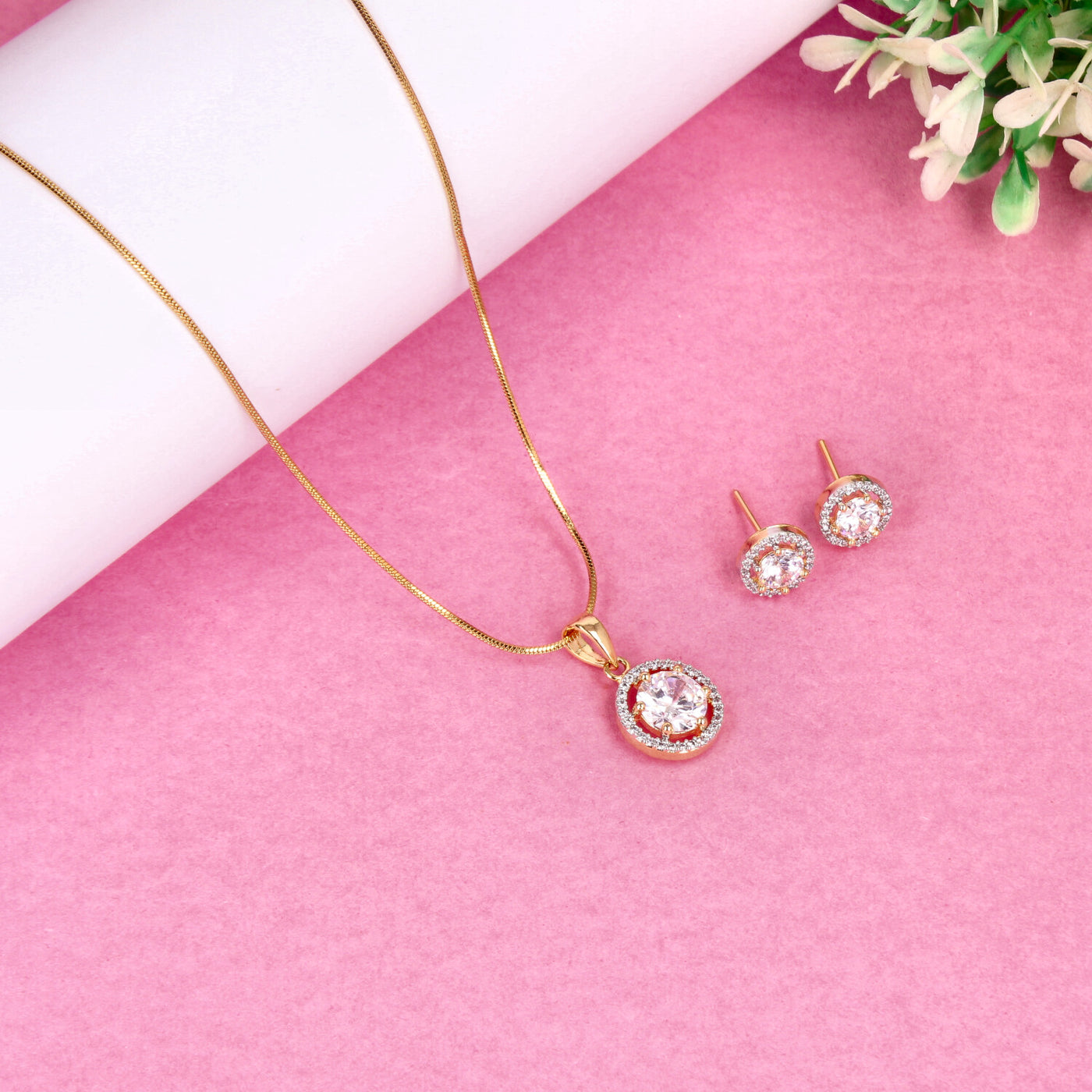 Gold Round Pendant Set with White Stone and Crystal Halo - SIA450691_C