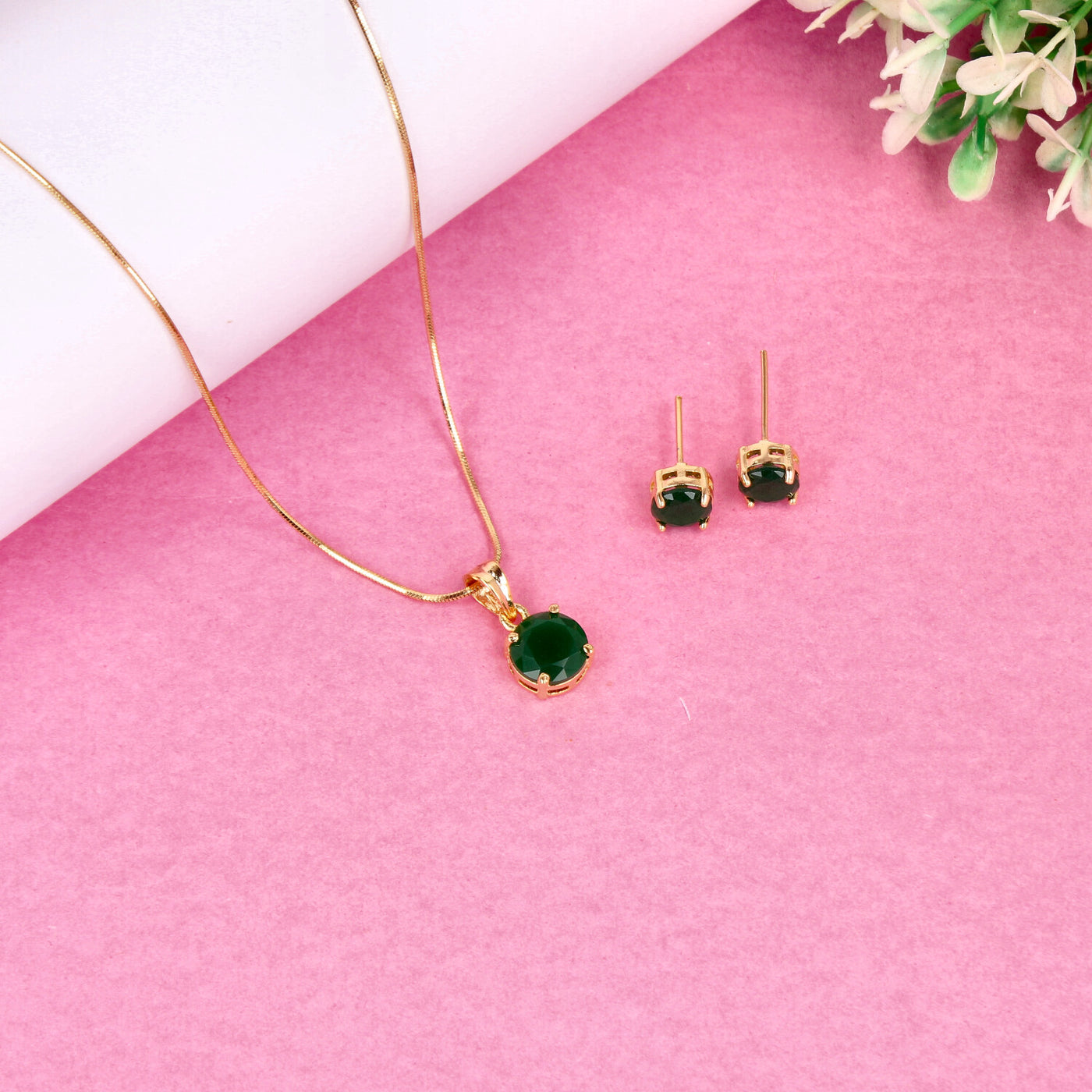 Gold Necklace and Earring Set with Green-Colored Stones - SIA450693-B