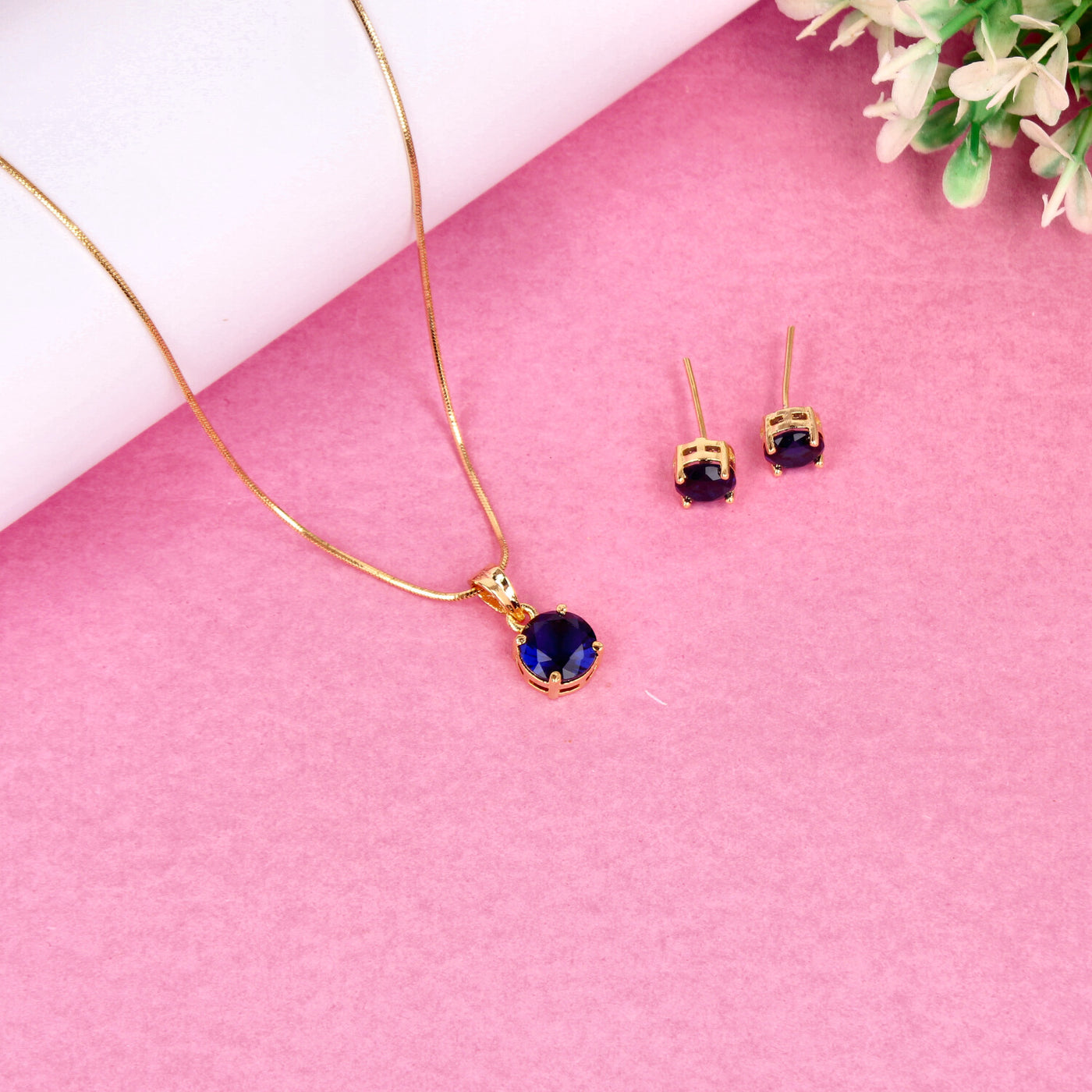 Gold Round Pendant Set with Deep Blue Solitaire Stone - SIA450693_A