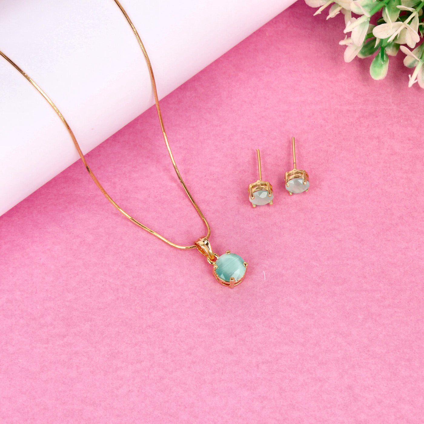 Gold Round Pendant Set with Mint Green Stone - SIA450693_C