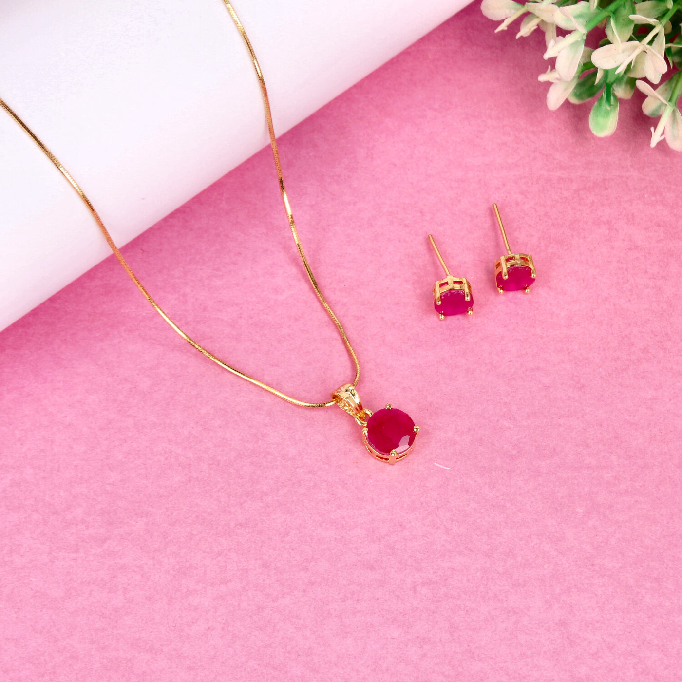 Gold Necklace and Earring Set with Ruby-Colored Stones - SIA450693_E
