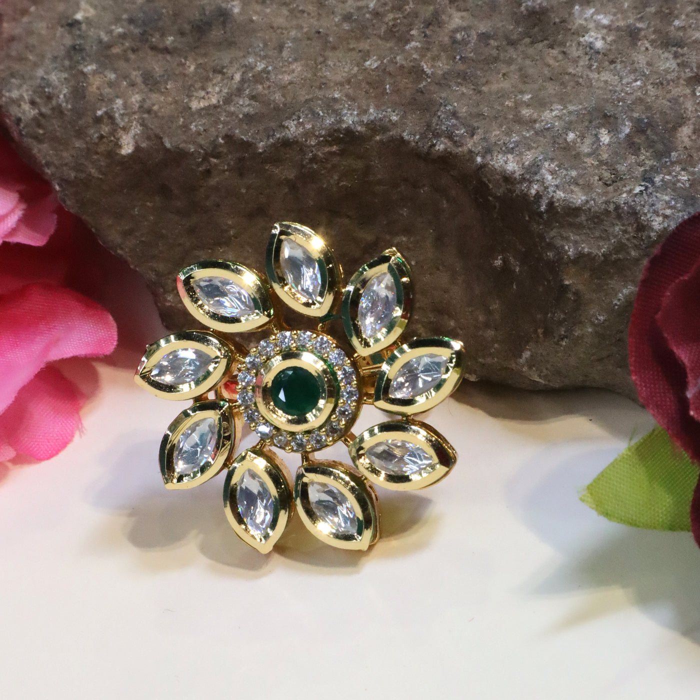 Gold-Toned Floral Kundan and Meenakari Finger Ring - SIA450703