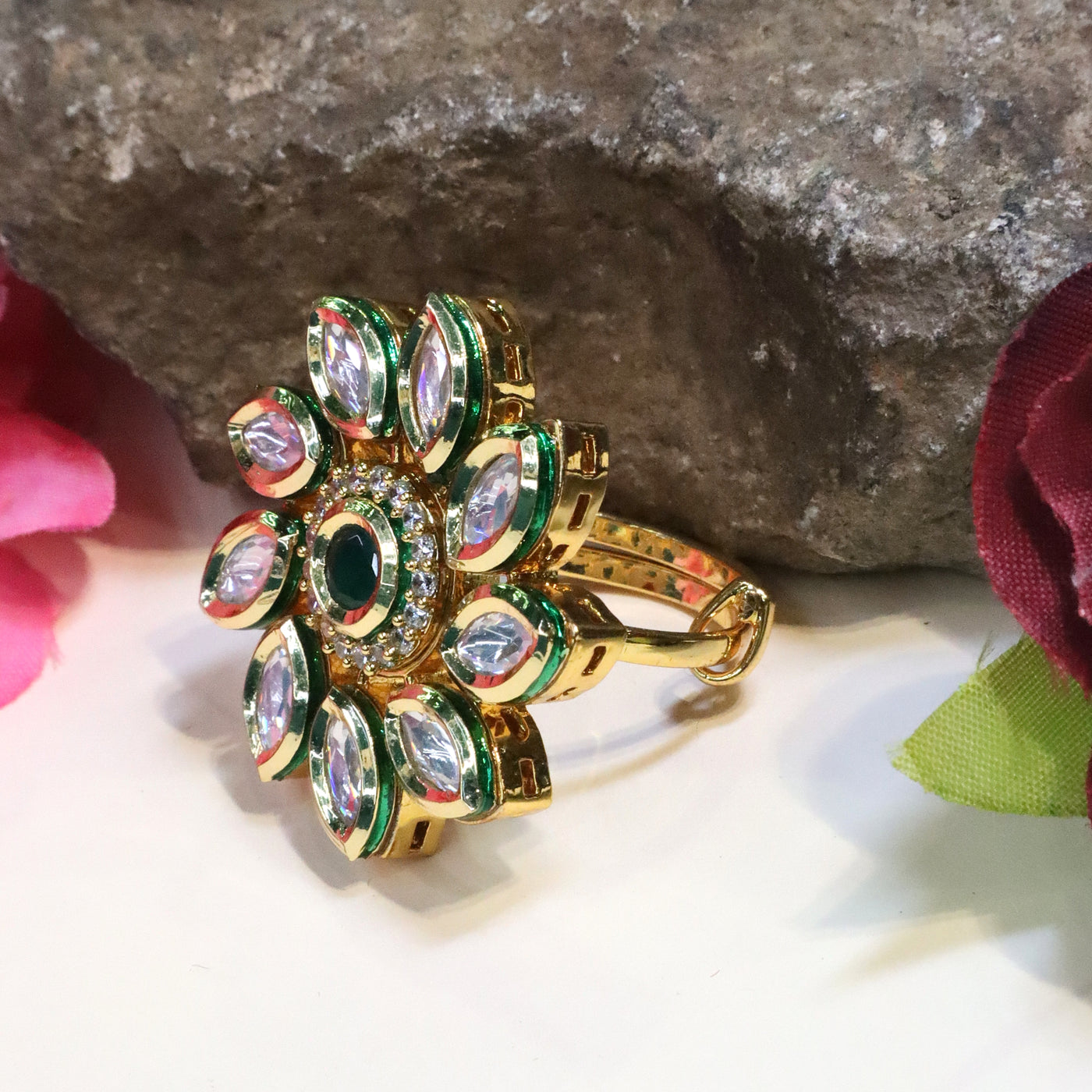 Gold-Toned Floral Kundan and Meenakari Finger Ring - SIA450703