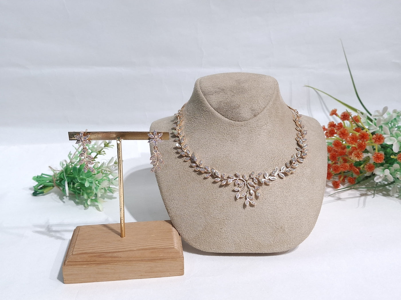 Delicate Rose Gold Leaf Necklace & Earring Set with Crystal Detailing - SIA450798