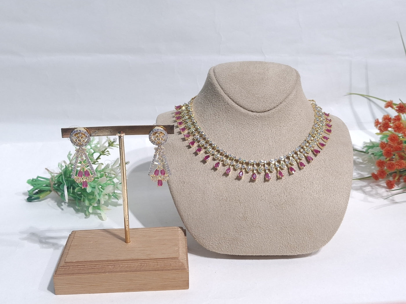 Regal Gold and Ruby-Inspired Necklace & Earring Set with Crystal Embellishments - SIA450802