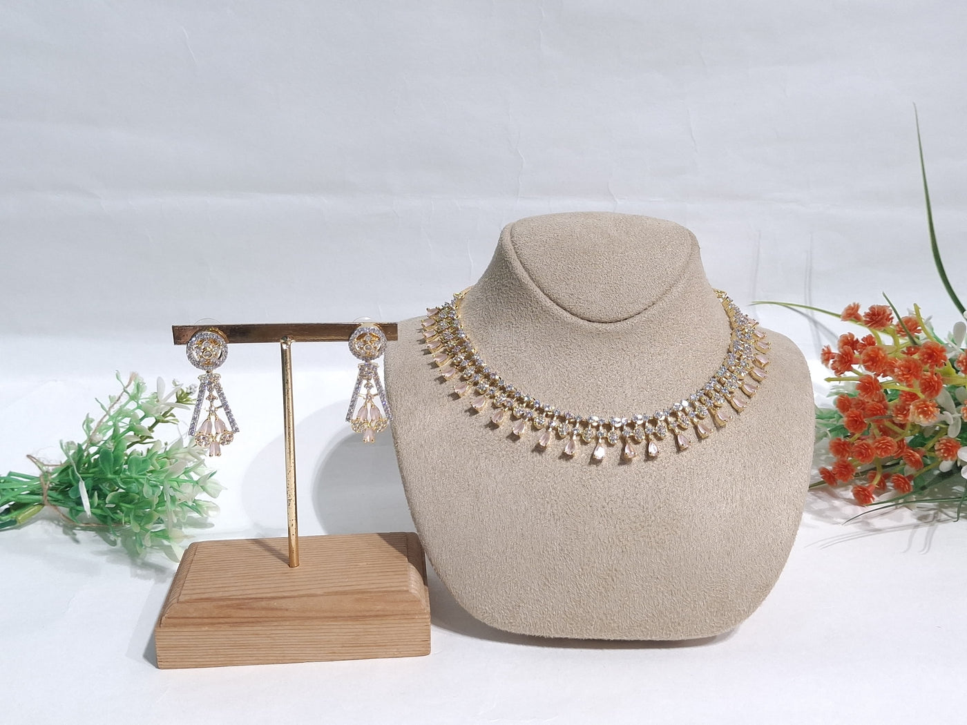 Elegant Gold and Champagne Stone Necklace & Earring Set with Crystal Accents - SIA450802_A