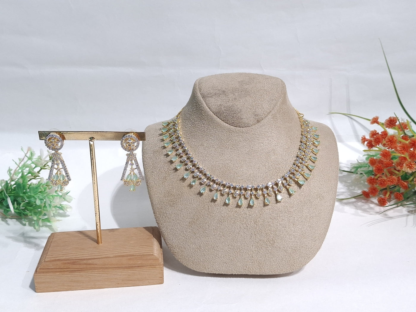 Luxurious Gold and Emerald Green Stone Necklace & Earring Set with Crystal Detailing - SIA450802_B