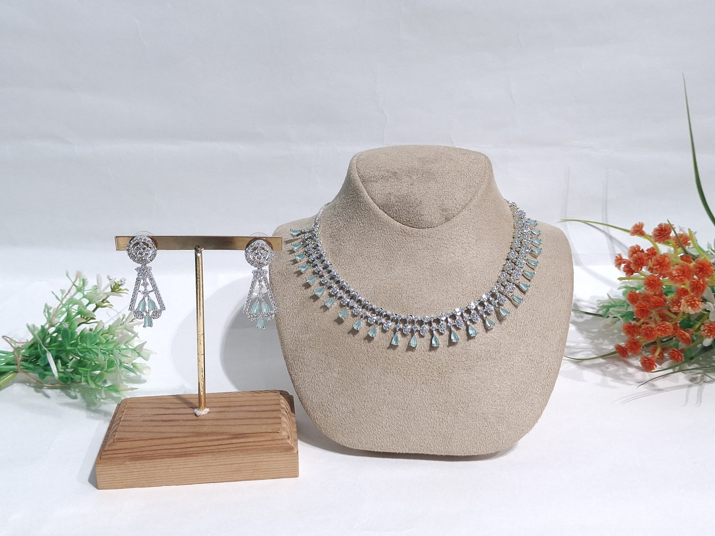 Elegant Silver and Aqua Blue Stone Necklace & Earring Set with Crystal Accents - SIA450803_A