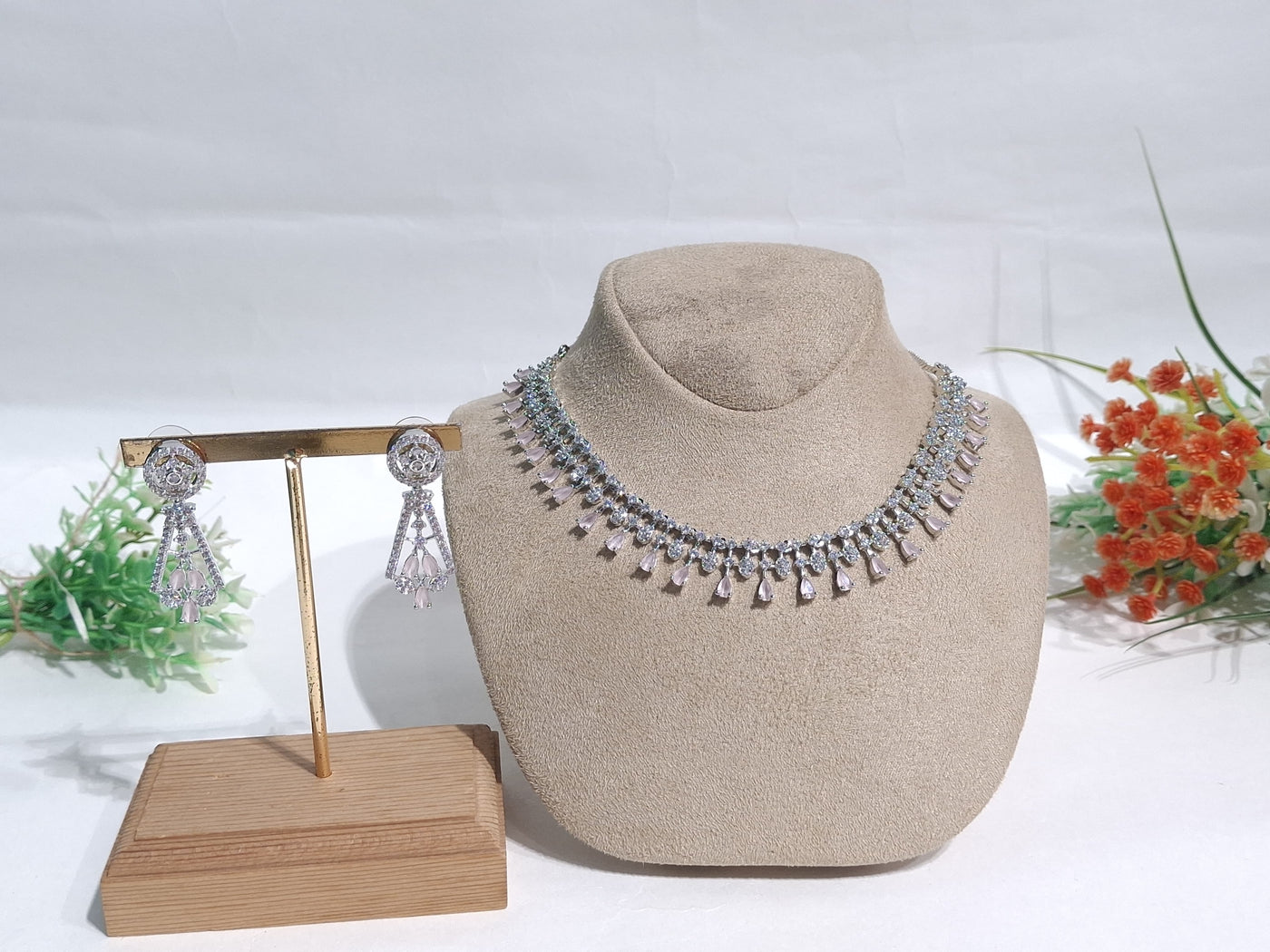 Silver Choker Necklace with Soft Pink Teardrop Charms & Matching Dangling Earrings - SIA450803_B