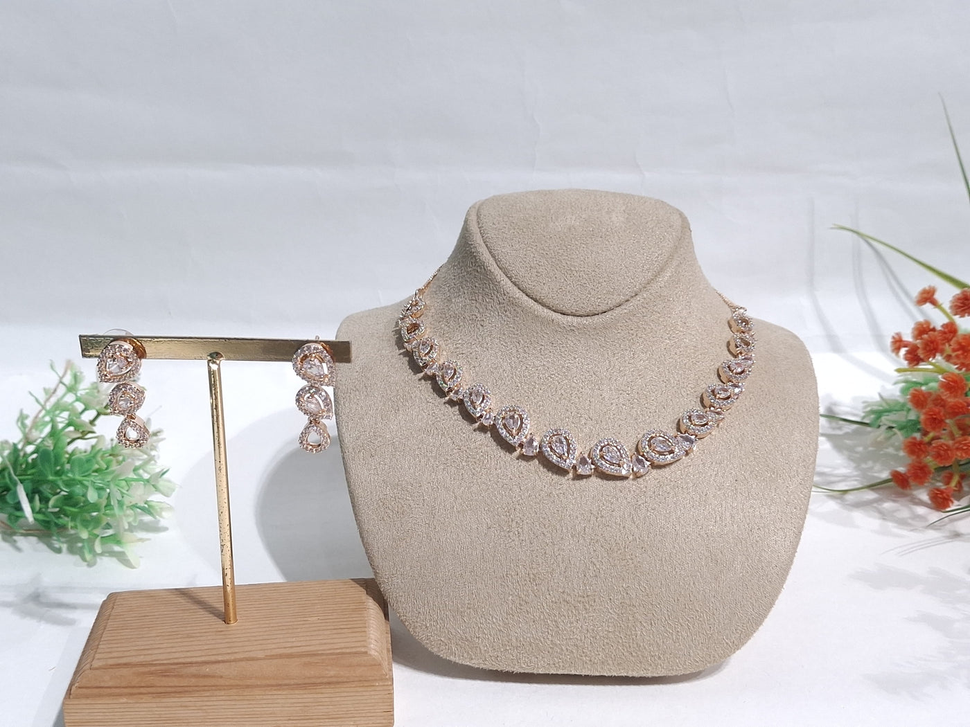 Graceful Rose Gold Double Teardrop Necklace and Earring Jewelry Set - SIA450807