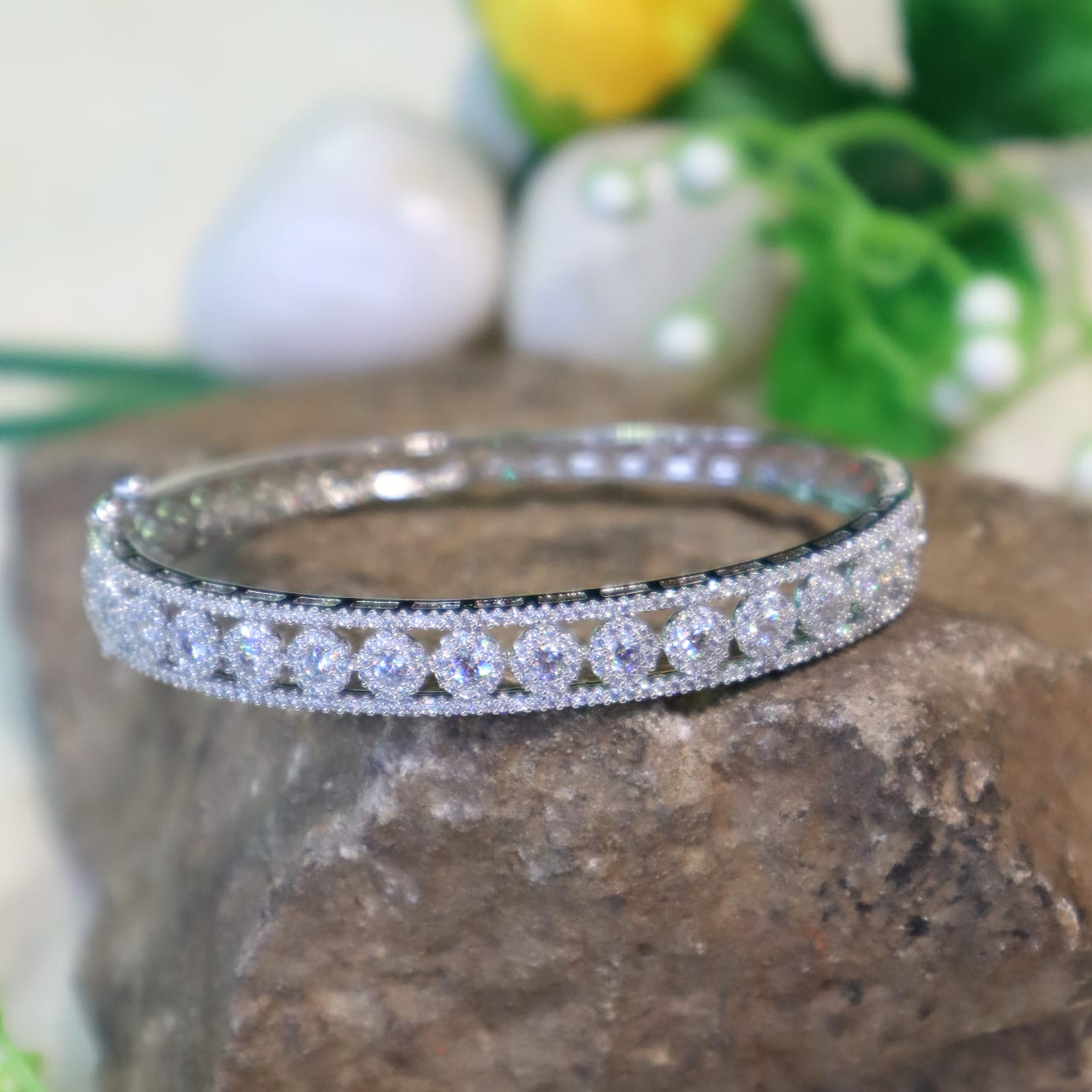 Silver Bracelet with Round White Stones in Lattice Design - SIA450939