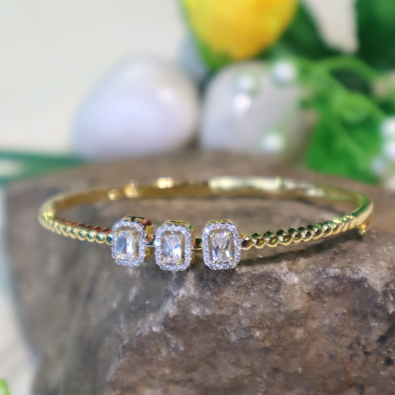 Gold Halo Bracelet with Emerald-Cut White Stones - SIA450958