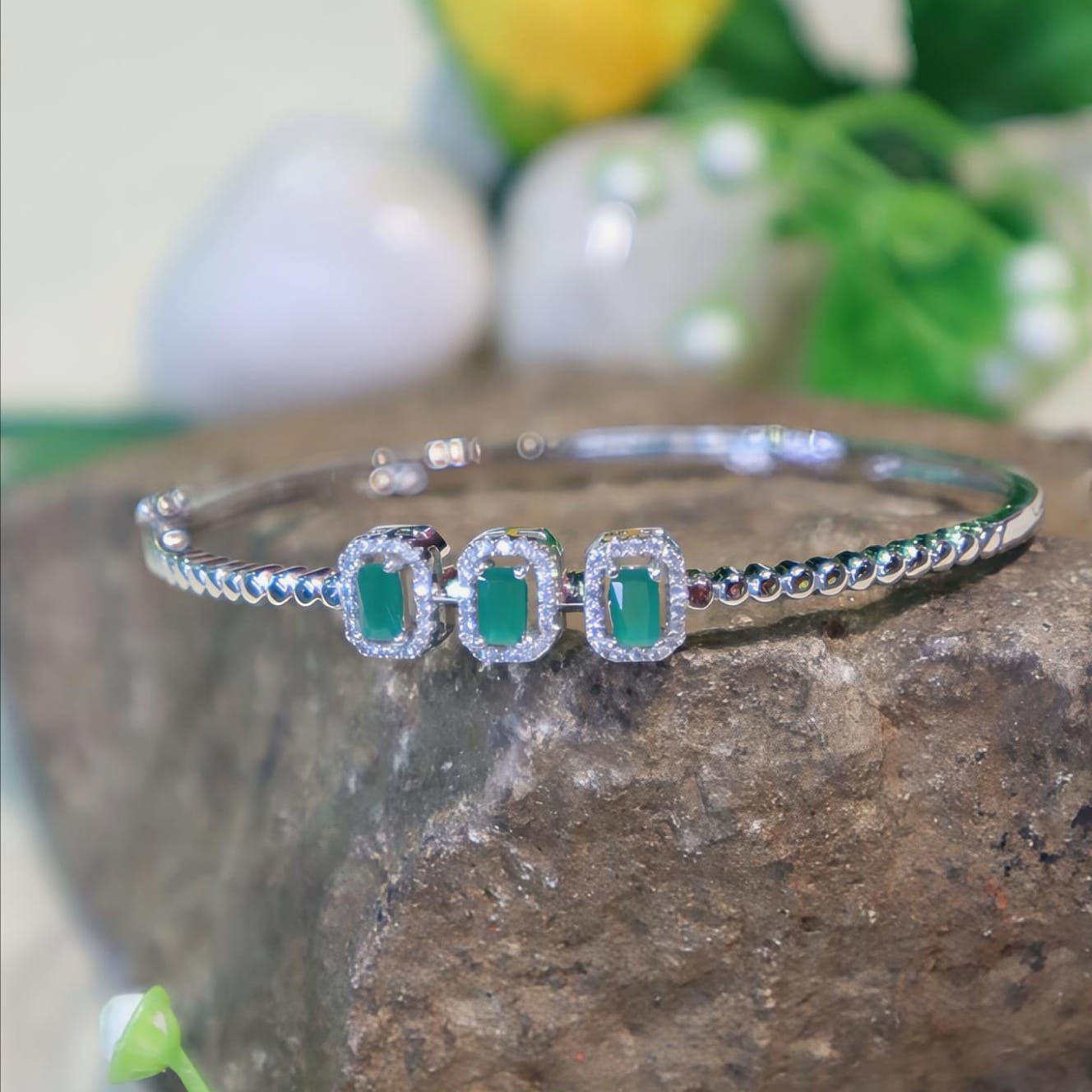 Emerald-Cut Green Stone Halo Bracelet - SIA450959