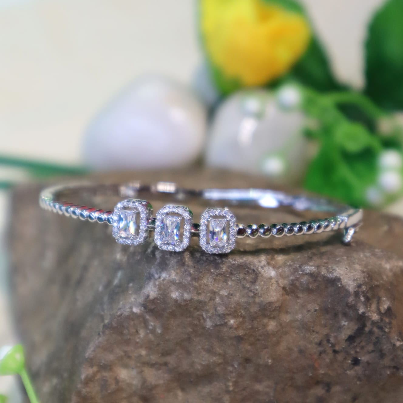 Silver Bracelet with Triple Halo Rectangular Stones - SIA450959 _A