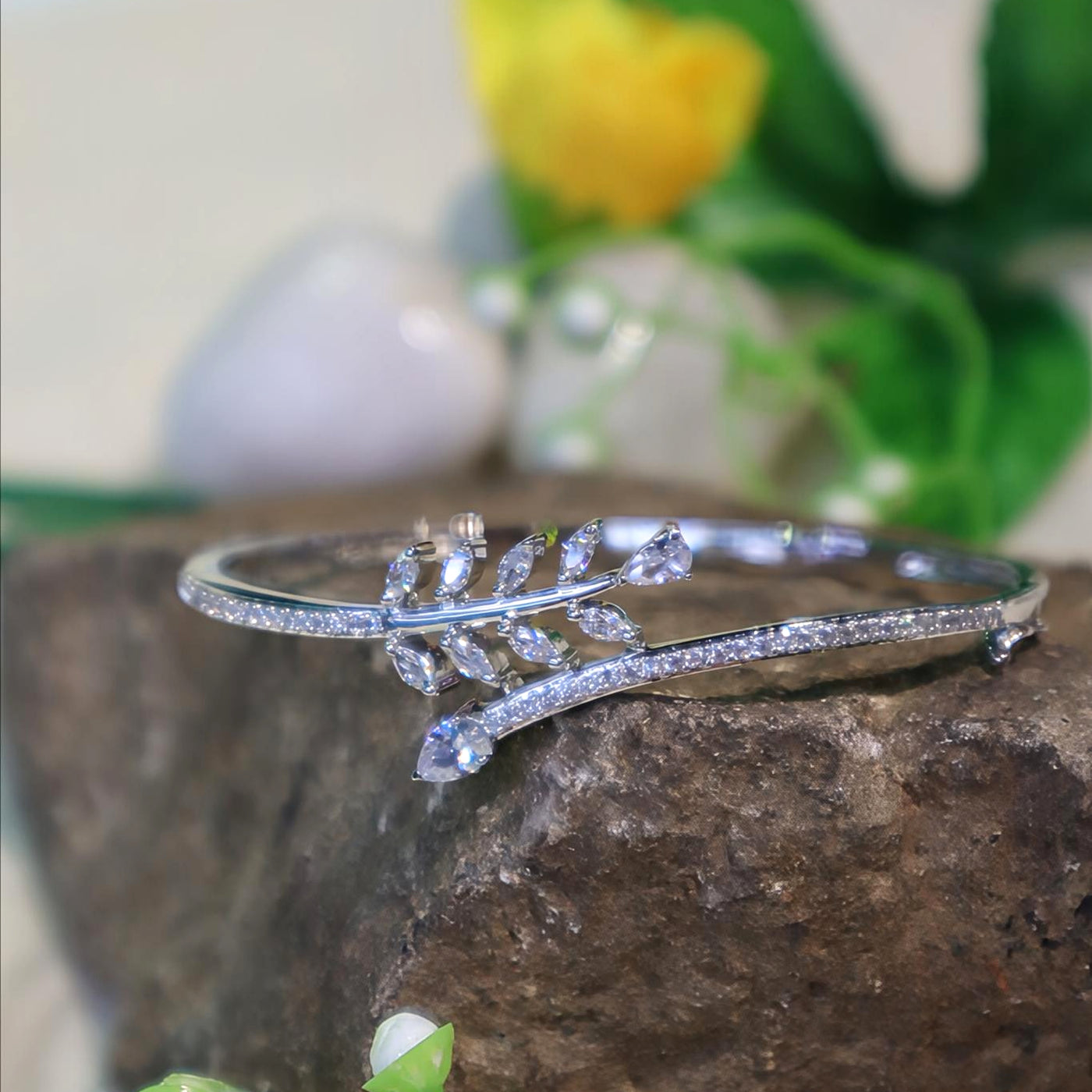 Silver Leaf Motif Bracelet with Marquise and Pear Diamonds - SIA450981