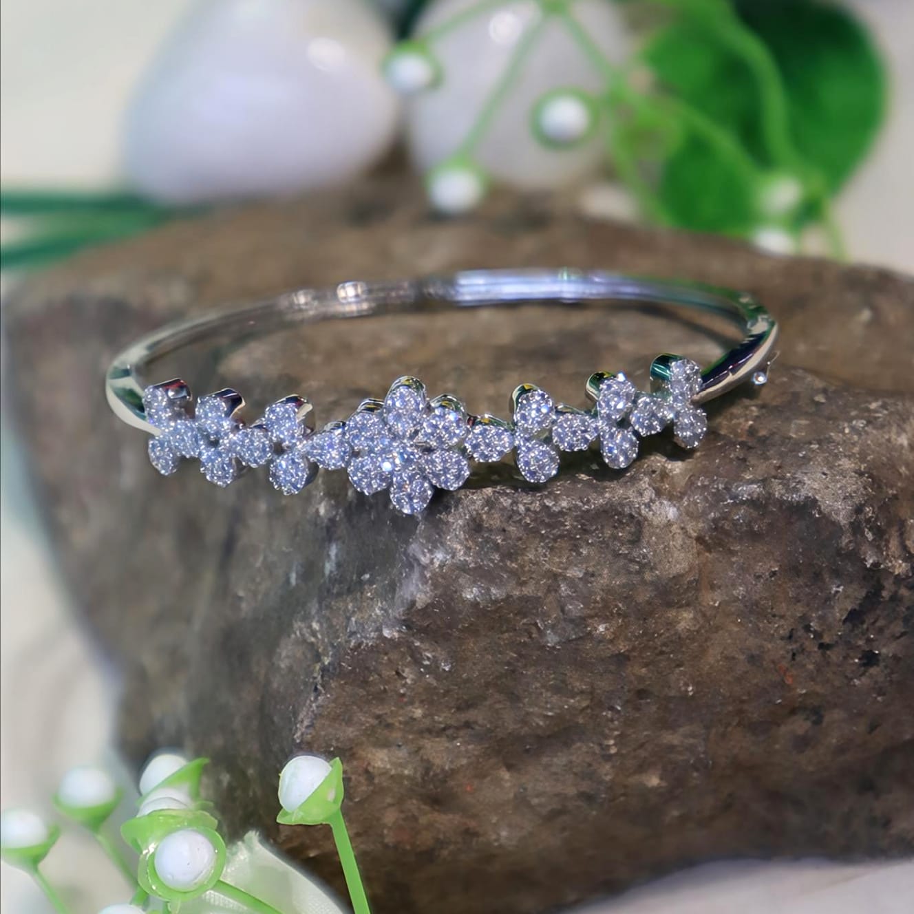Silver Floral Cluster Bracelet with Round White Stones - SIA450983