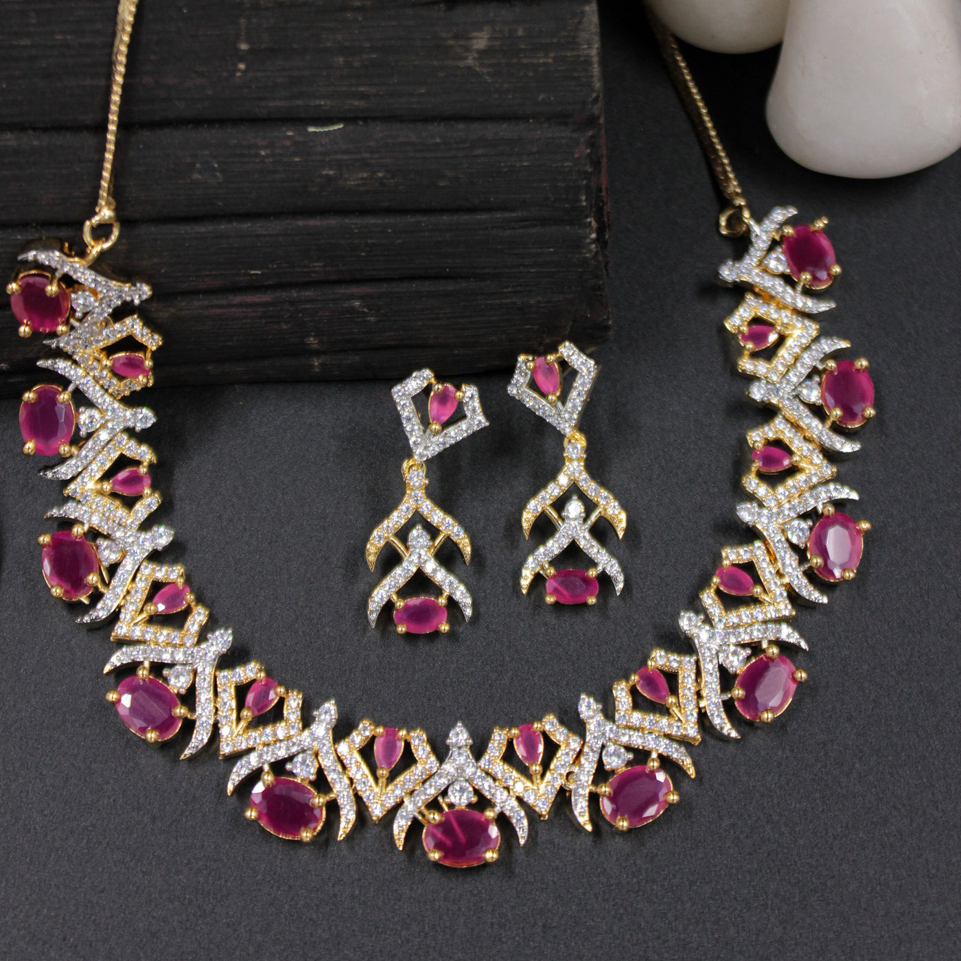Ruby Red Oval Necklace Set with Gold Diamond Zigzag Design - SIA451023_A