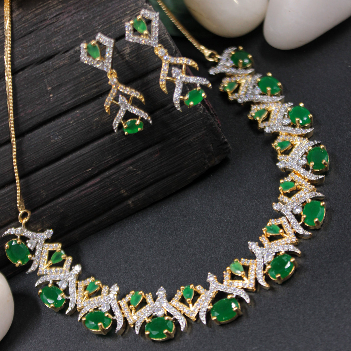 Green Gemstone Gold Necklace Set with Diamond Accents - SIA451023_C