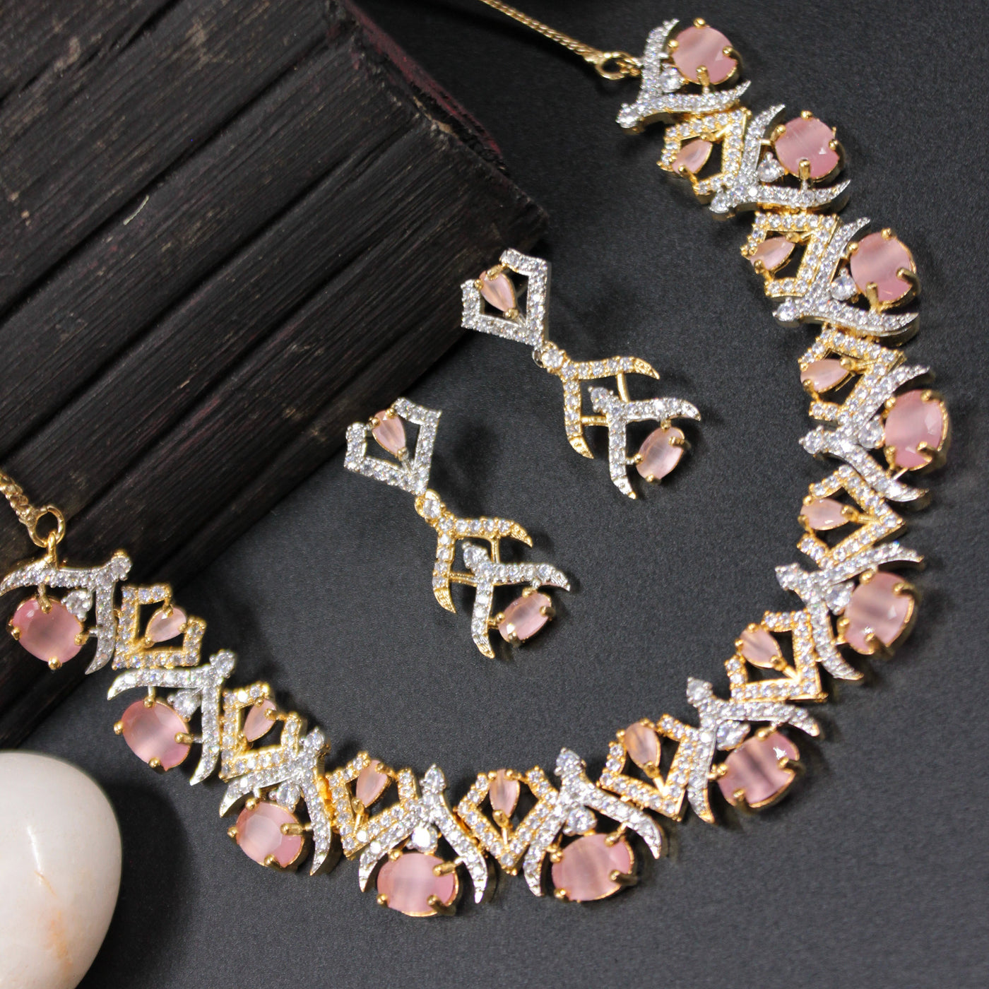 Rose Pink Oval Necklace Set with Diamond X Design - SIA451023_D