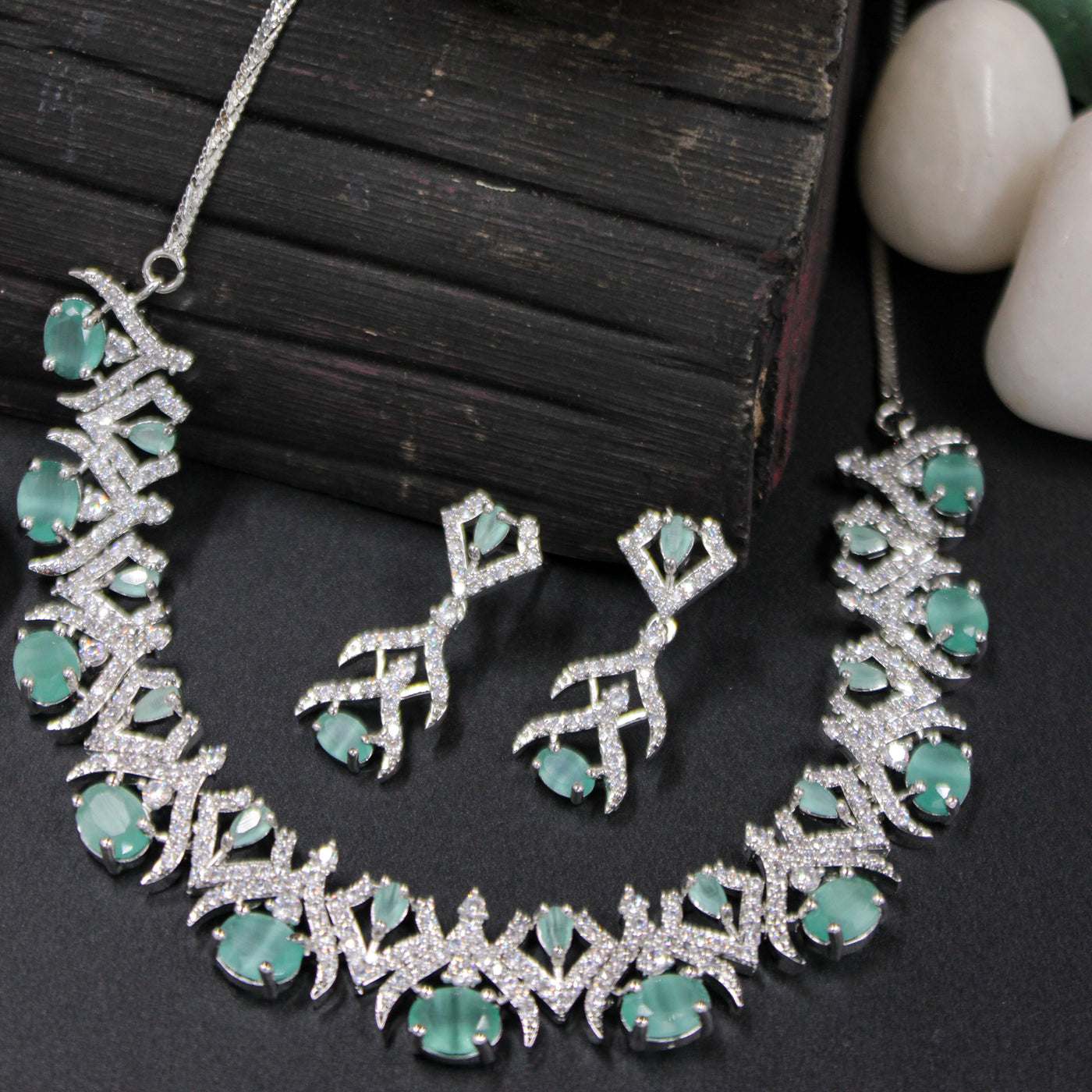 Green Oval Necklace Set with Diamond Criss-Cross Design - SIA451024