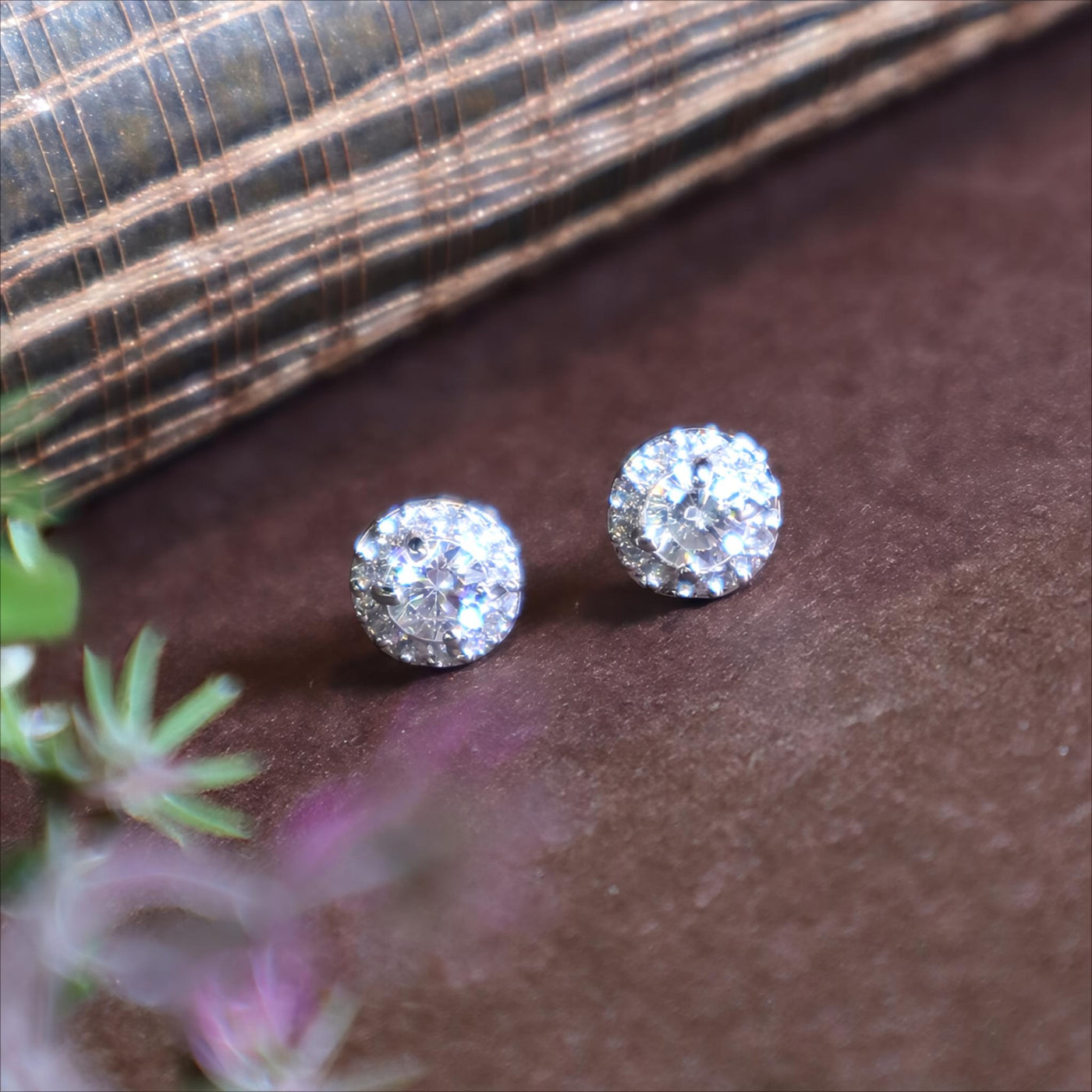 Silver Round Halo Diamond Stud Earrings - SIA451167