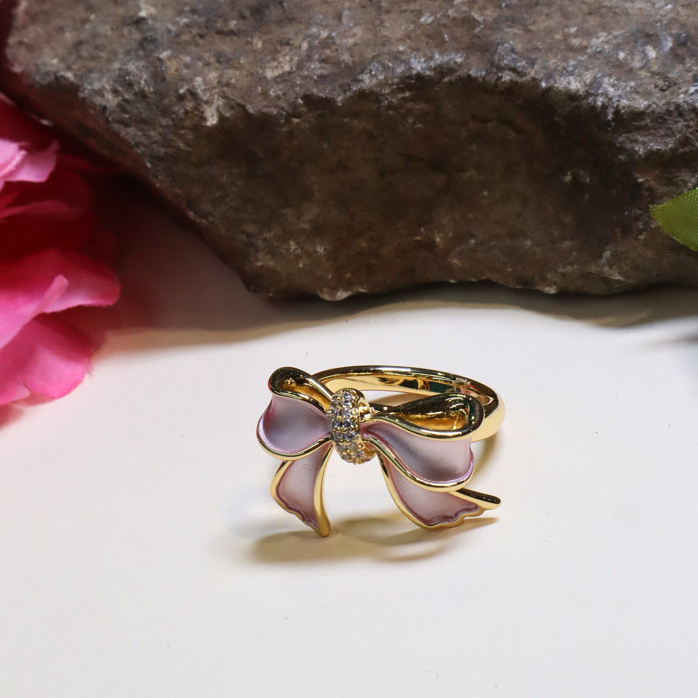 Pink and Gold Fashion Bow Tie Ring - SIA451233