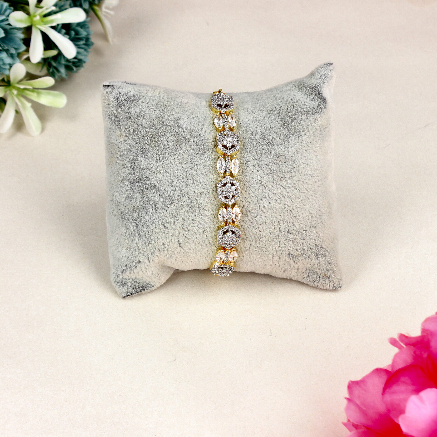 Gold Marquise & Round Cut CZ Bracelet with Floral Hexagon Design - SIA451393
