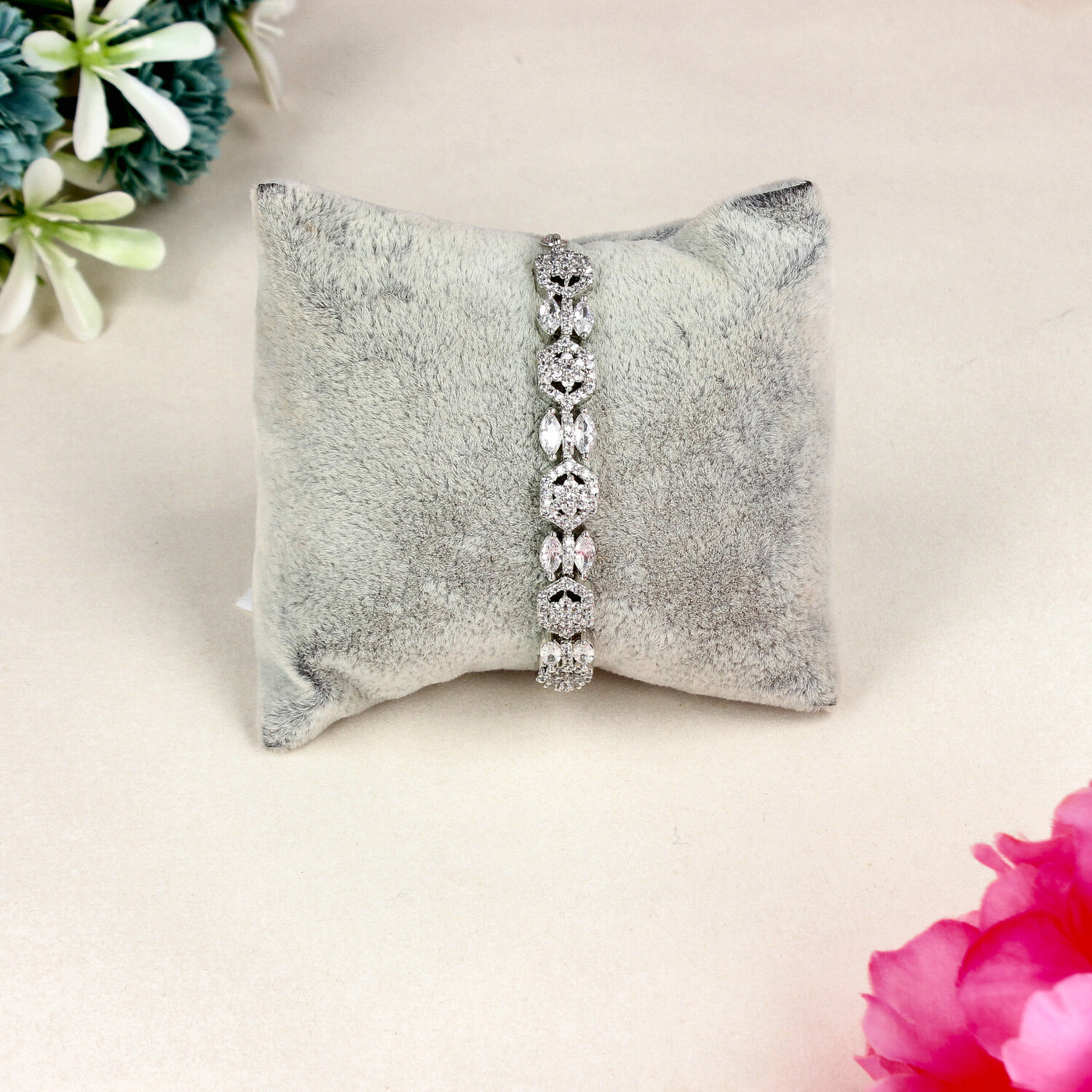 Silver Marquise & Round Cut CZ Bracelet with Hexagon Floral Design - SIA451394
