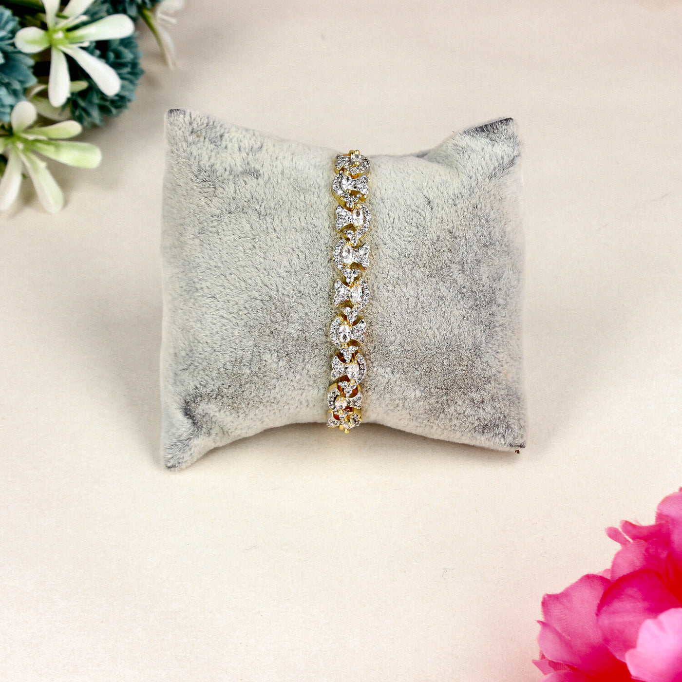 Gold Infinity Link Bracelet with Marquise and Round Cut CZ Stones - SIA451395