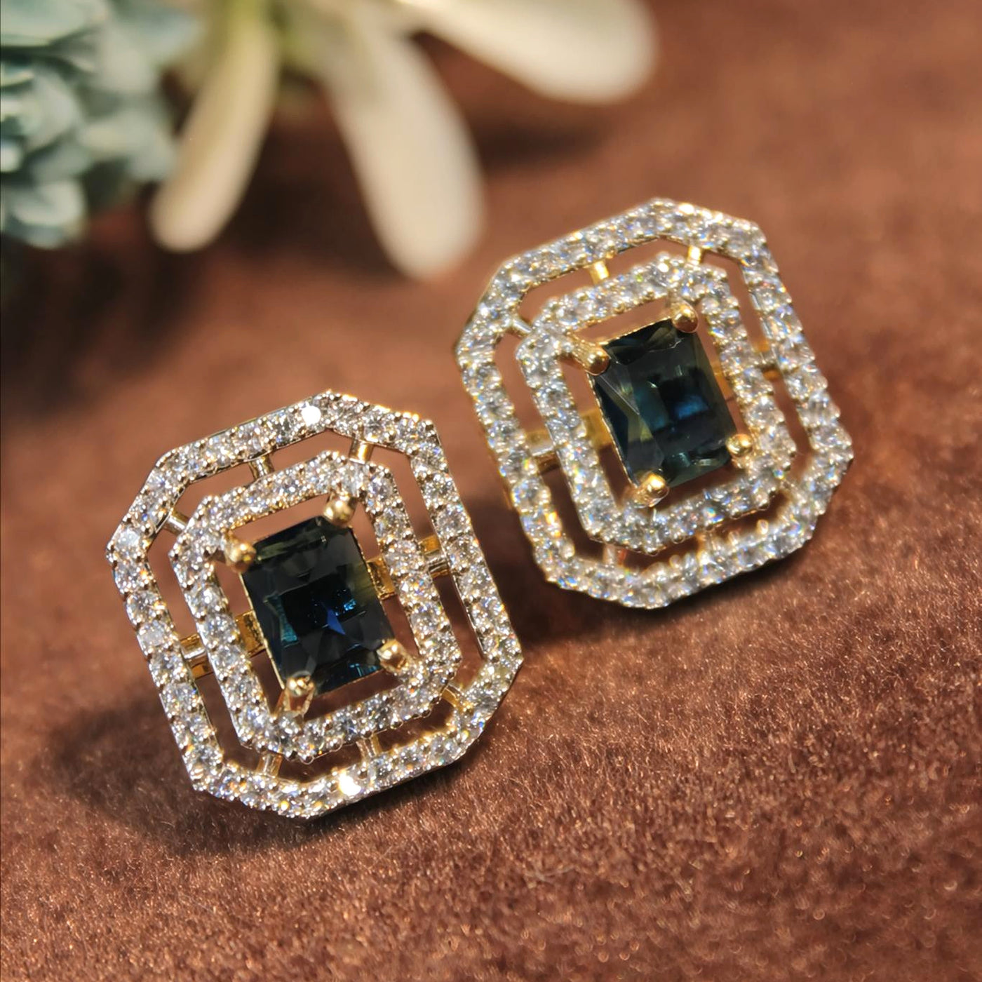 Navy Blue Emerald-Cut Geometric Stud Earrings - SIA451422