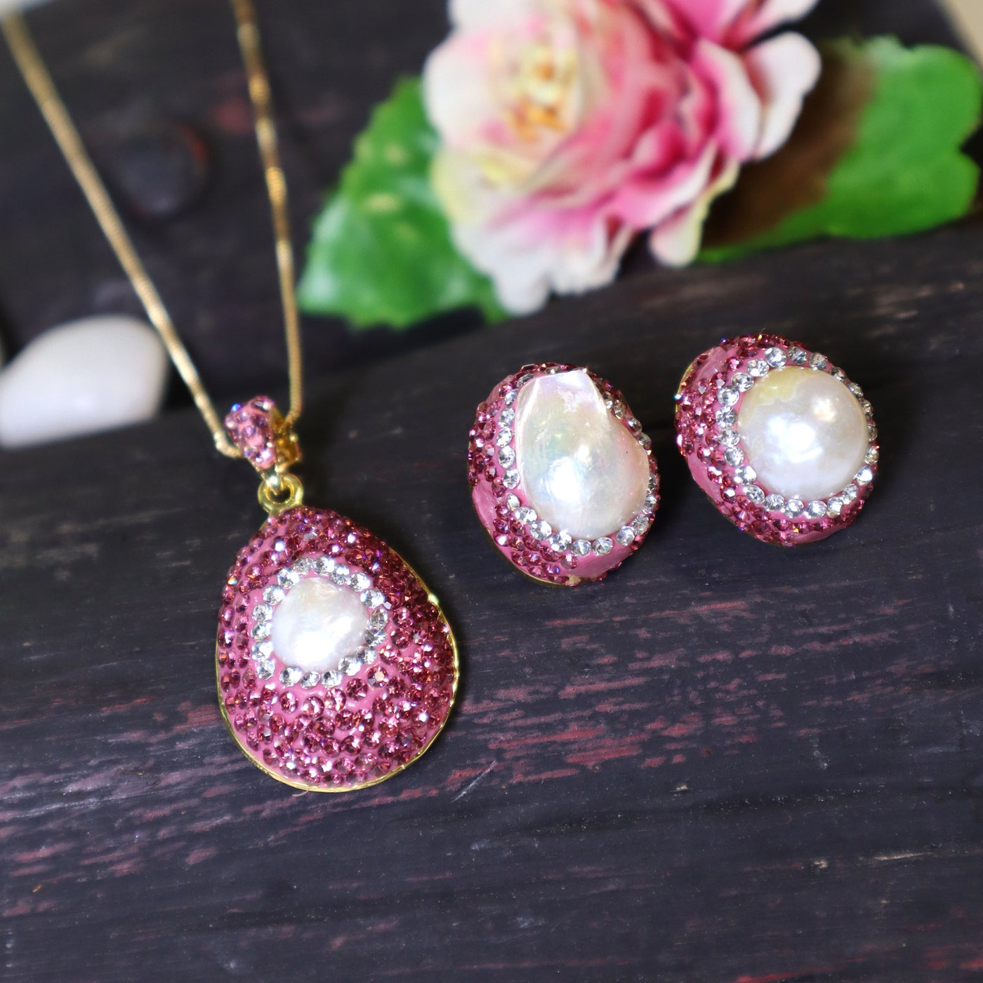 Pink Crystal and Baroque Pearl Pendant and Earring Set - SIA451648
