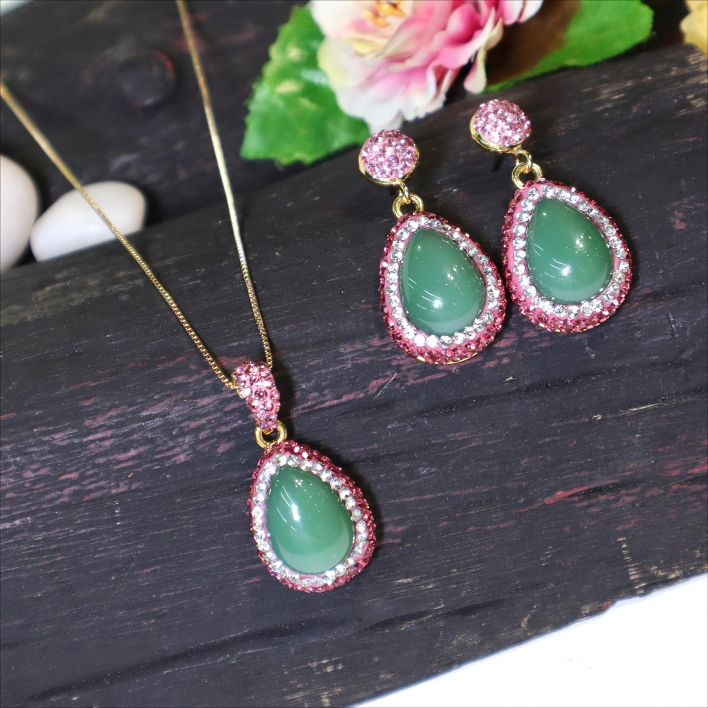 Pink and Green Crystal and Baroque Pearl Pendant and Earring Set - SIA451648_A