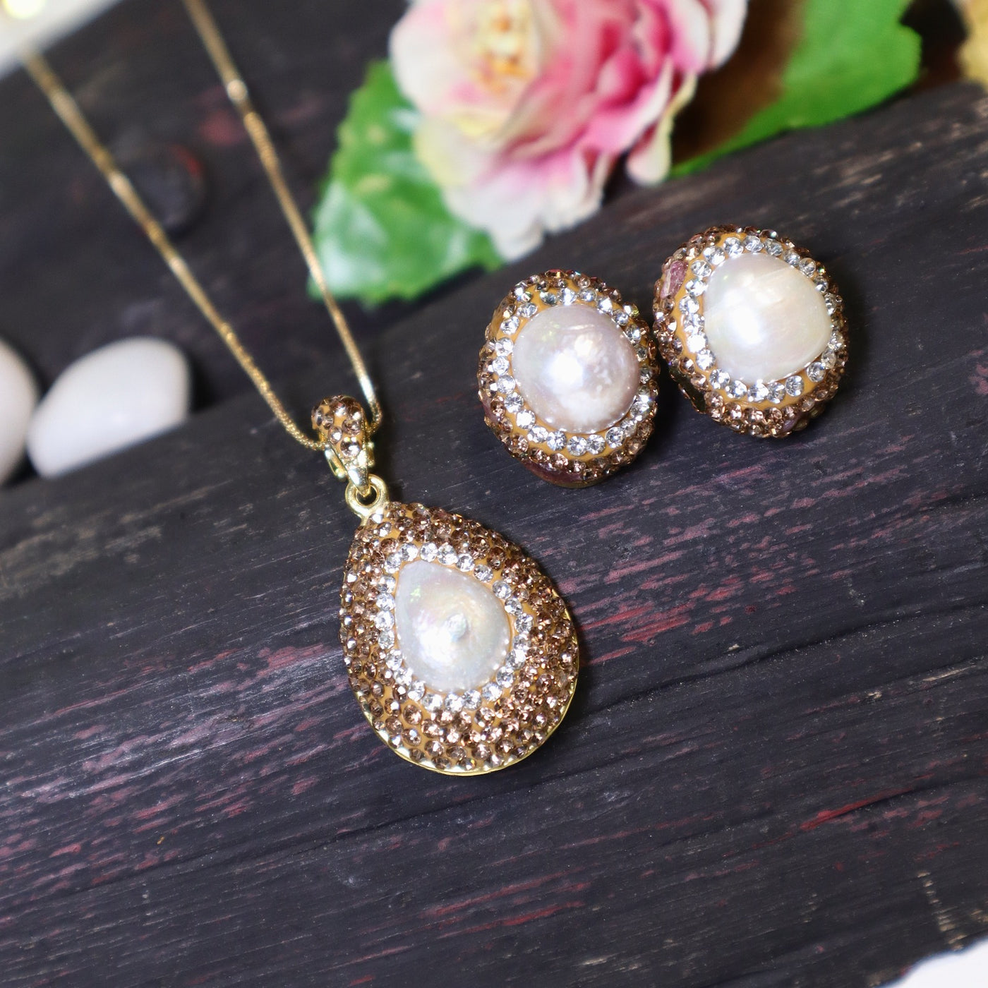 Golden Crystal and Baroque Pearl Pendant and Earring Set - SIA451648_C