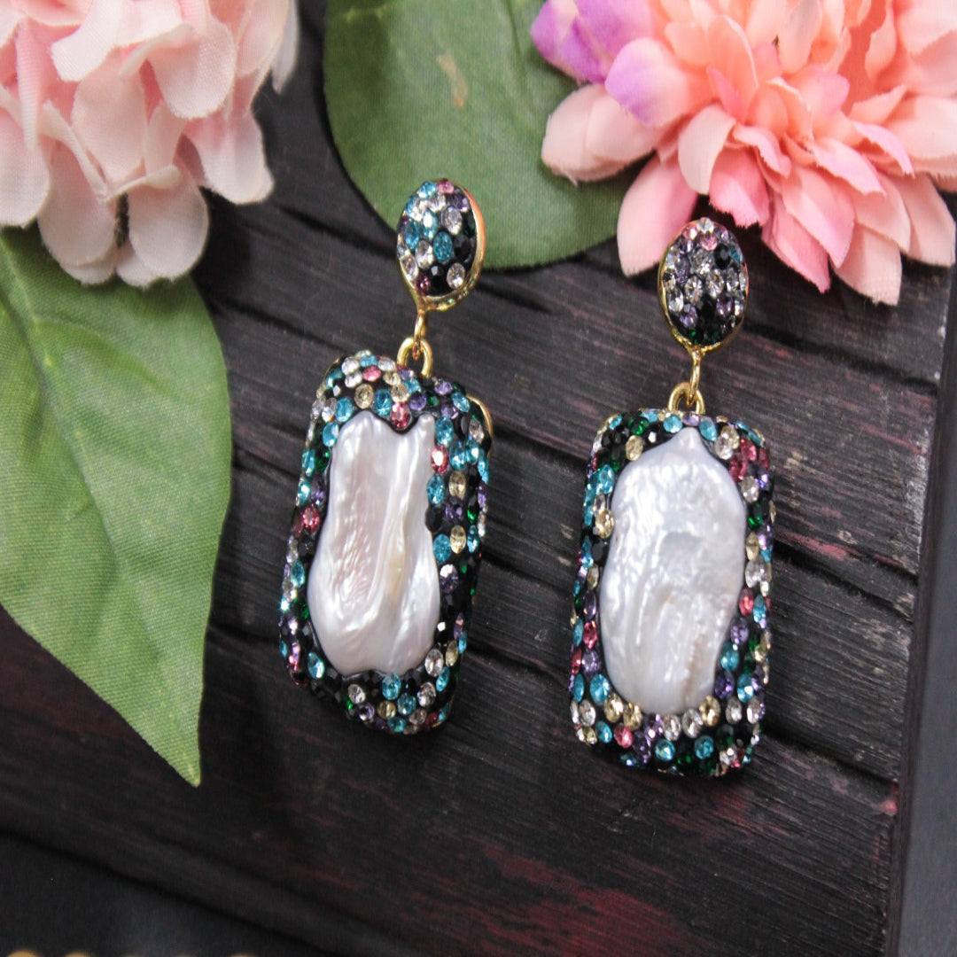 Multicolor Crystal Rectangle Earrings with Baroque Pearl Center - SIA451651