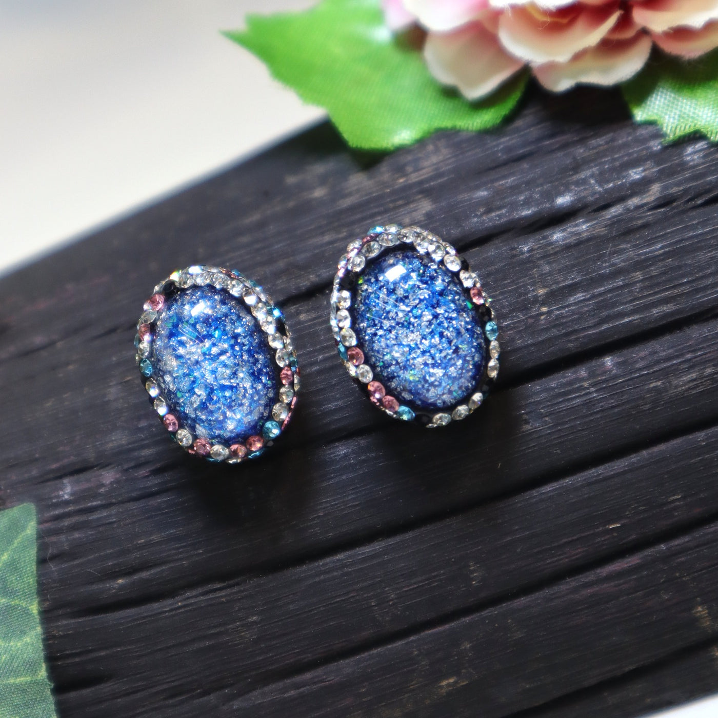 Oval Blue Glitter Druzy Look Stud Earrings - SIA451654