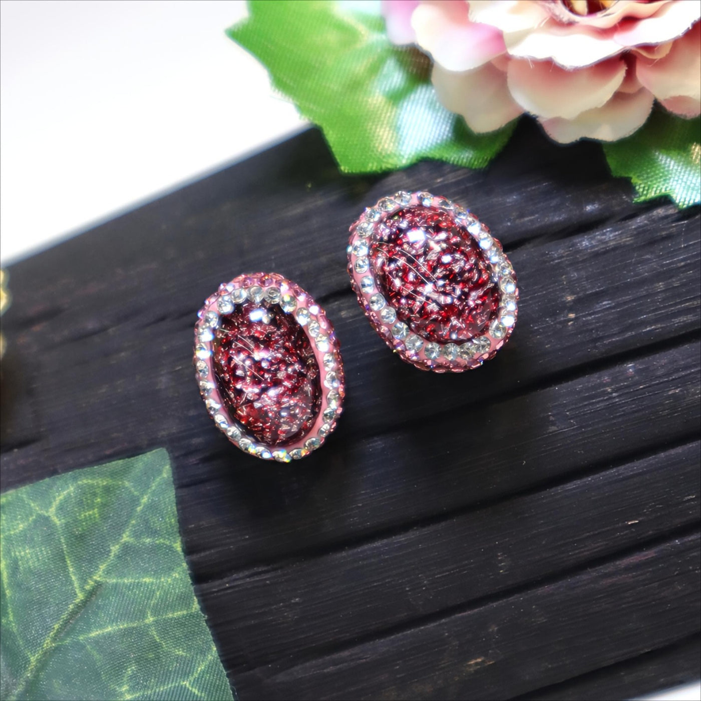 Oval Pink Glitter Druzy Look Stud Earrings - SIA451654_B