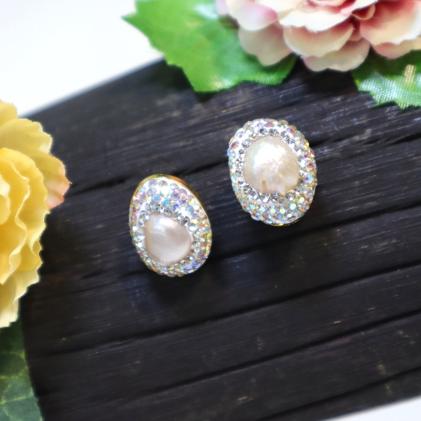 Oval White Pearl and Rainbow Rhinestone Halo Earrings - SIA451655