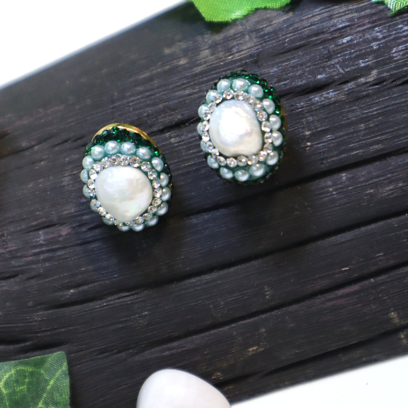Baroque Pearl Stud Earrings with Green and White Crystal Halo - SIA451658