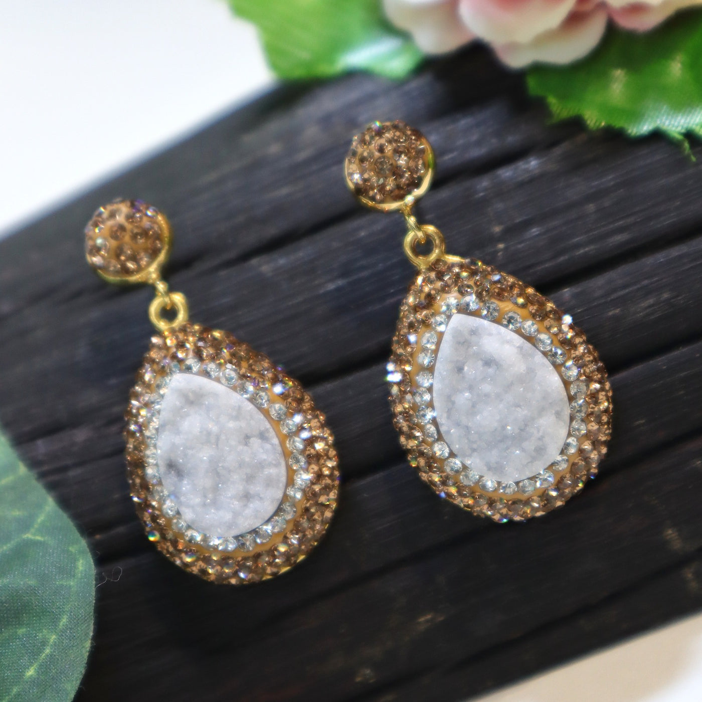 Teardrop White Druzy and Brown Crystal Drop Earrings - SIA451669