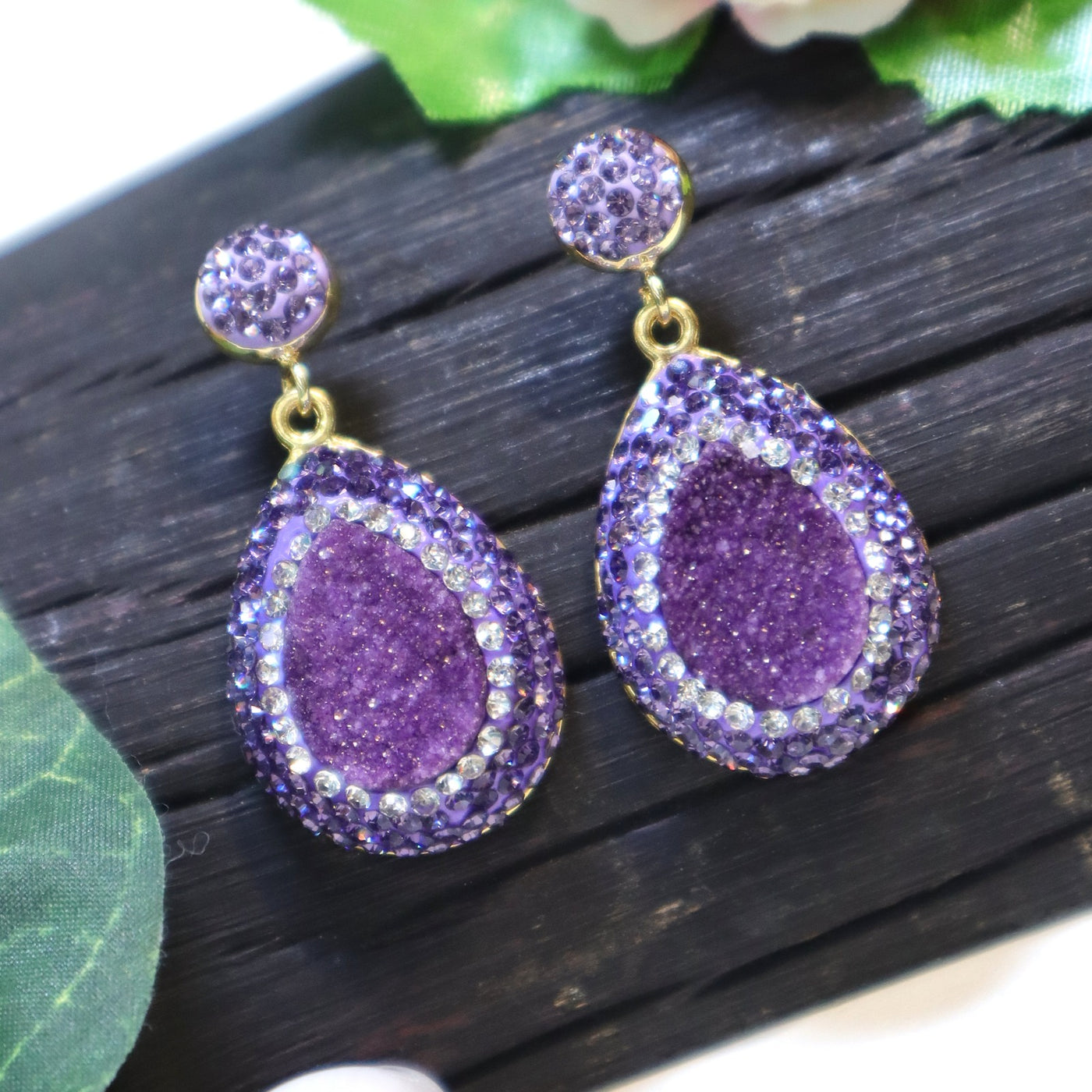 Teardrop Purple Druzy and Brown Crystal Drop Earrings - SIA451669_A