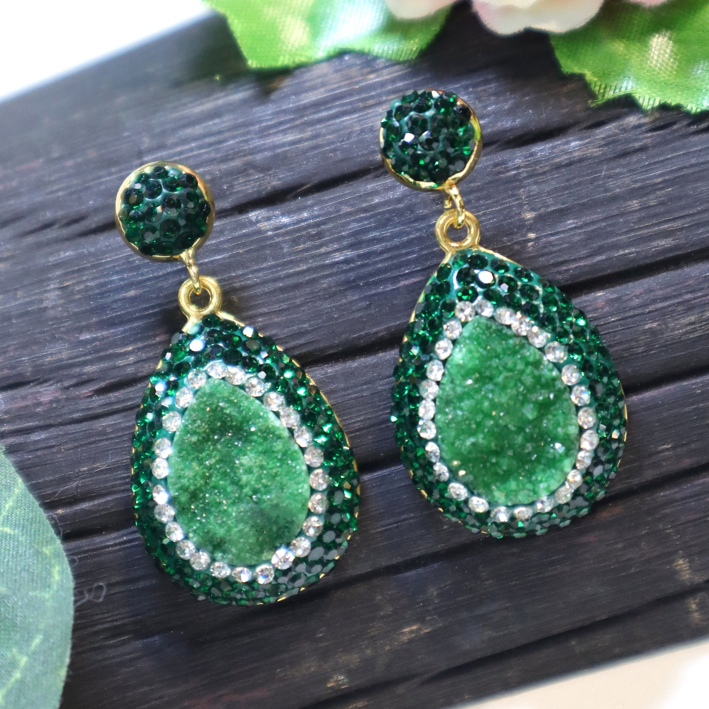 Teardrop Green Druzy and Brown Crystal Drop Earrings - SIA451669_B