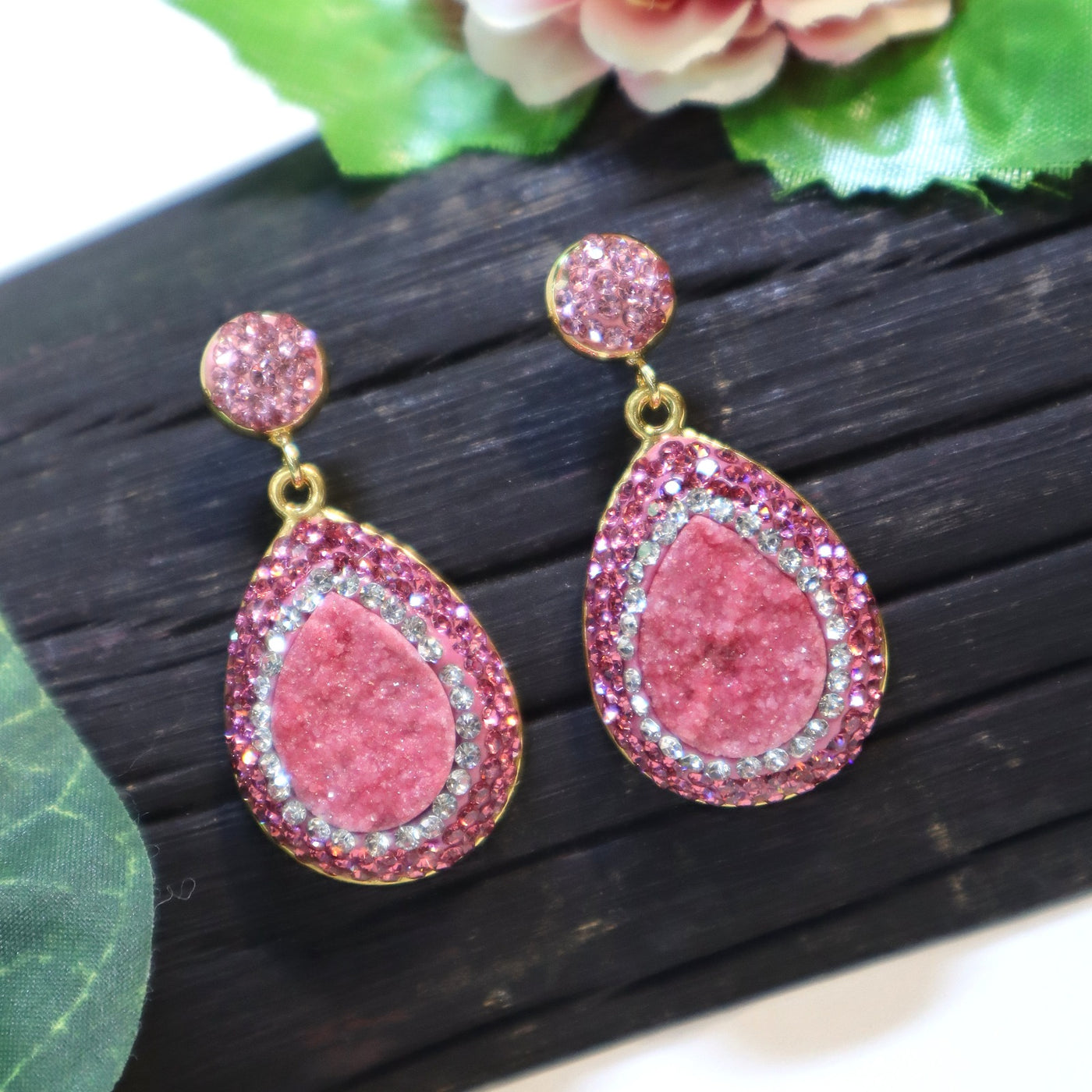 Teardrop Pink Druzy and Brown Crystal Drop Earrings - SIA451669_C