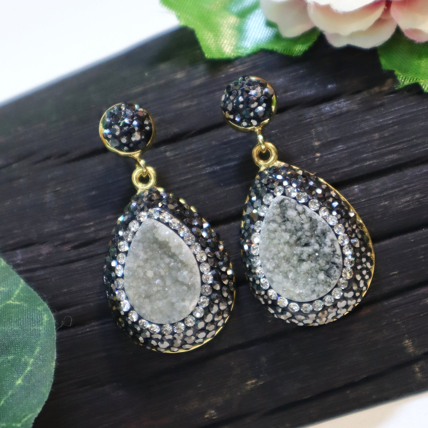 Teardrop Black Druzy and Brown Crystal Drop Earrings - SIA451669_D